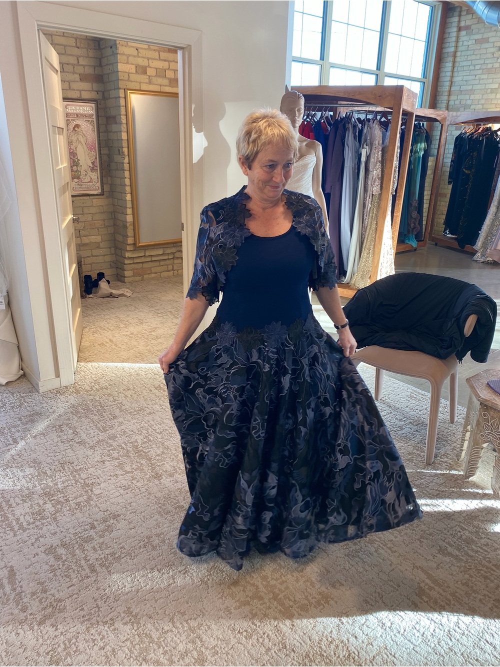 Black & Navy Blue Floral Lace Mother of Groom/Bride Dress with Appliqué Detail